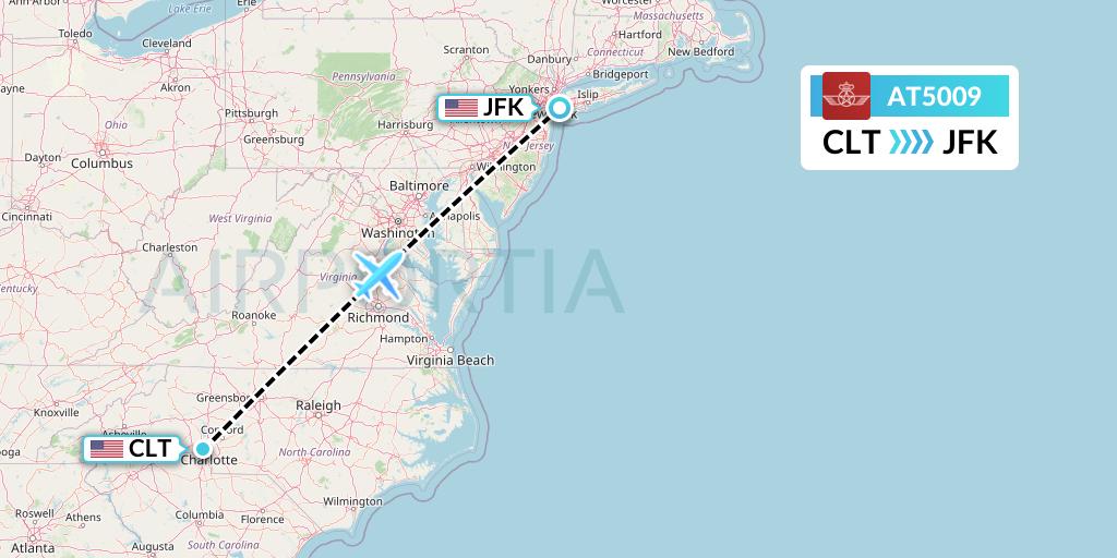 AT5009 Royal Air Maroc Flight Map: Charlotte to New York