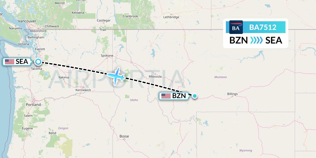 BA7512 British Airways Flight Map: Bozeman to Seattle