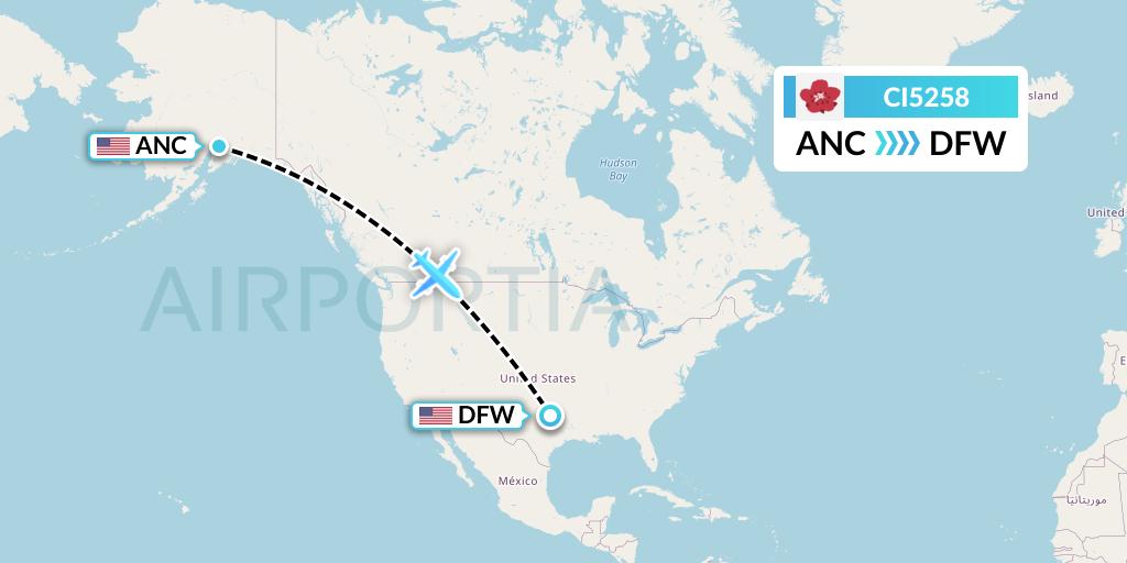 CI5258 China Airlines Flight Map: Anchorage to Dallas