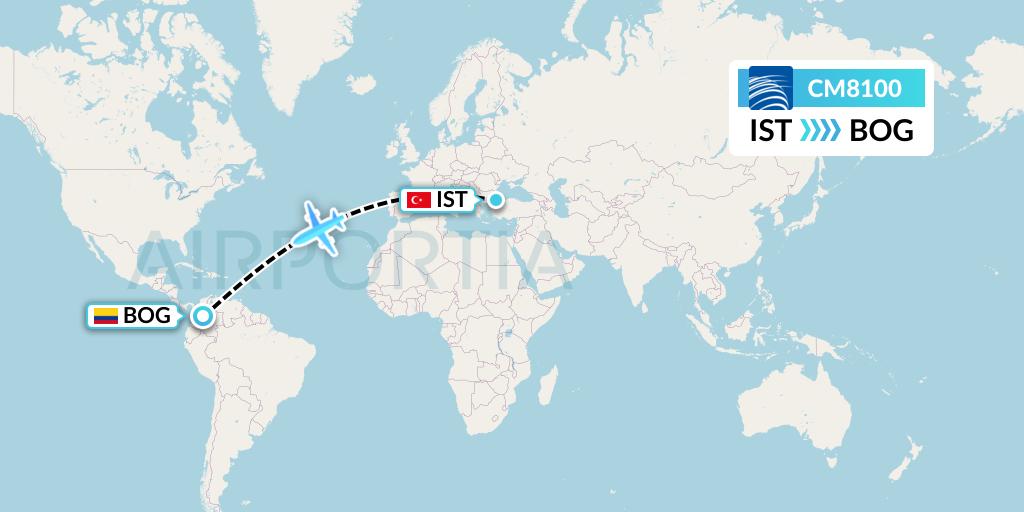 CM8100 Copa Airlines Flight Map: Istanbul to Bogota