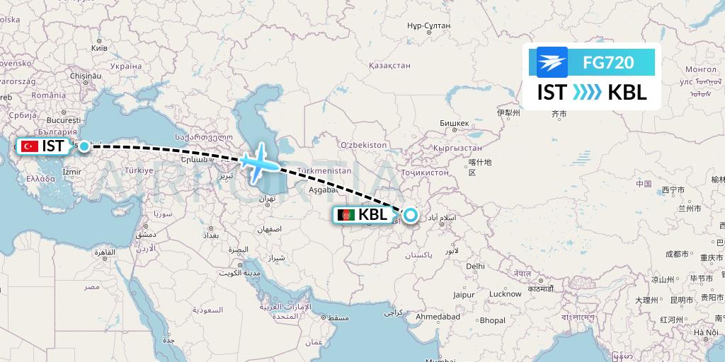 FG720 Ariana Afghan Airlines Flight Map: Istanbul to Kabul