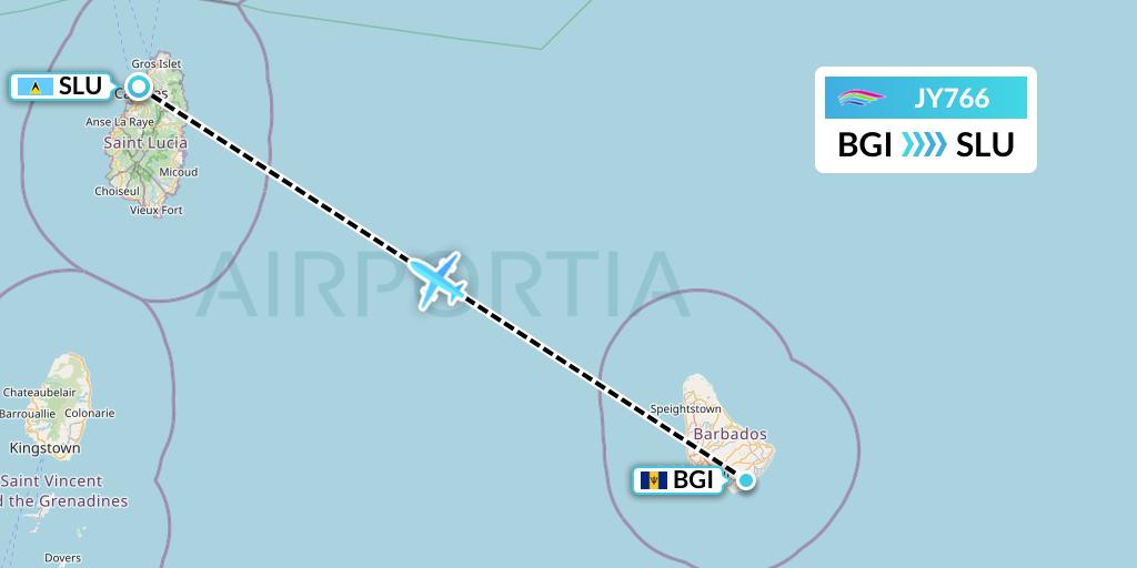 JY766 InterCaribbean Airways Flight Map: Bridgetown to Castries