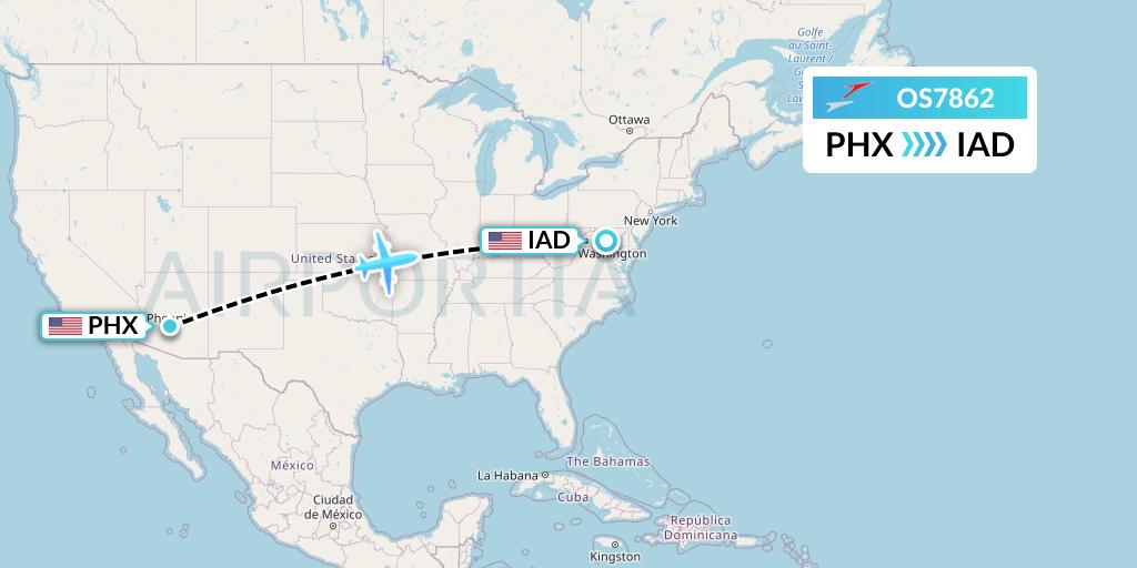 OS7862 Austrian Airlines Flight Map: Phoenix to Washington