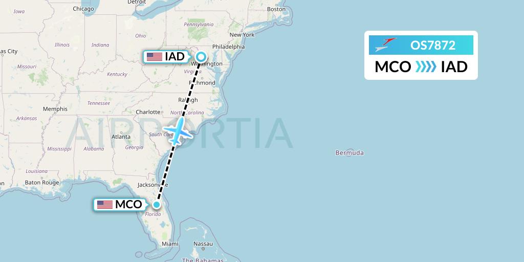 OS7872 Austrian Airlines Flight Map: Orlando to Washington