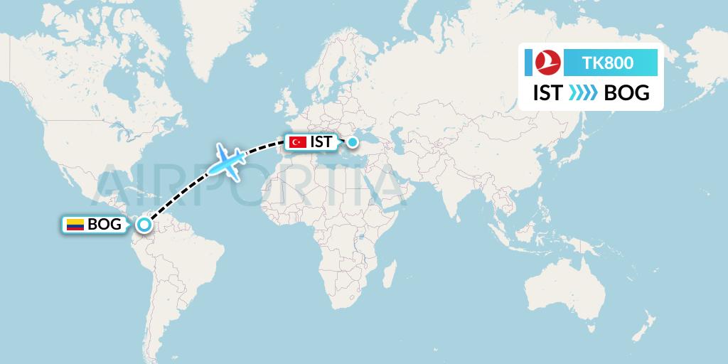 TK800 Turkish Airlines Flight Map: Istanbul to Bogota