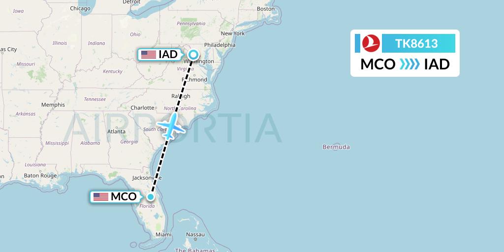 TK8613 Turkish Airlines Flight Map: Orlando to Washington