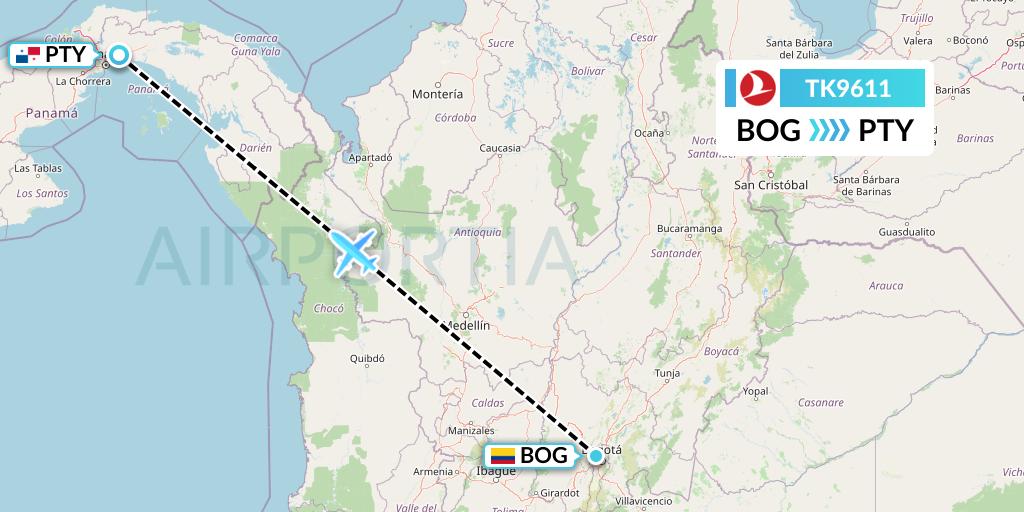 TK9611 Turkish Airlines Flight Map: Bogota to Panama City