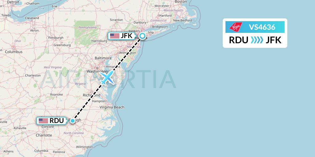 VS4636 Virgin Atlantic Airways Flight Map: Raleigh-Durham to New York