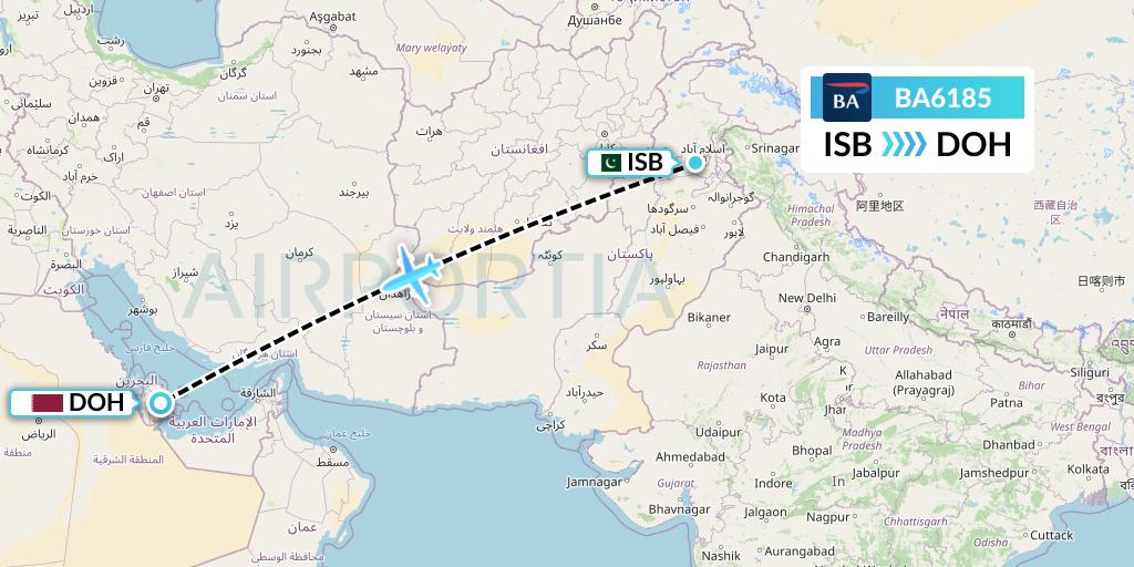 BA6185 British Airways Flight Map: Islamabad to Doha