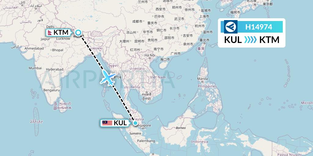 H14974 Hahn Air Systems Flight Map: Kuala Lumpur to Kathmandu