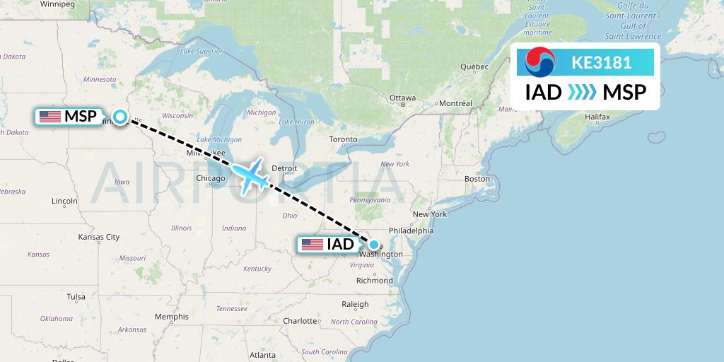 KE3181 Korean Air Flight Map: Washington to Minneapolis