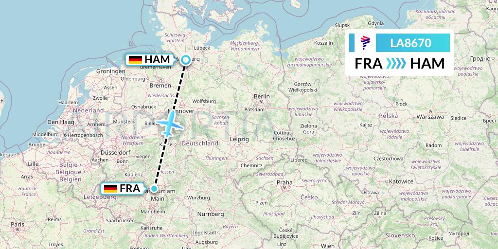 LA8670 LAN Airlines Flight Map: Frankfurt to Hamburg