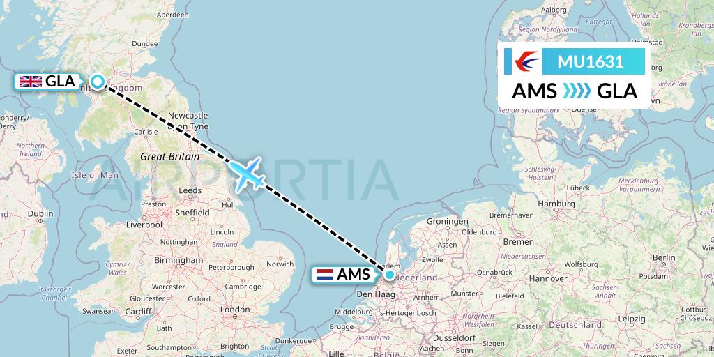 MU1631 China Eastern Airlines Flight Map: Amsterdam to Glasgow
