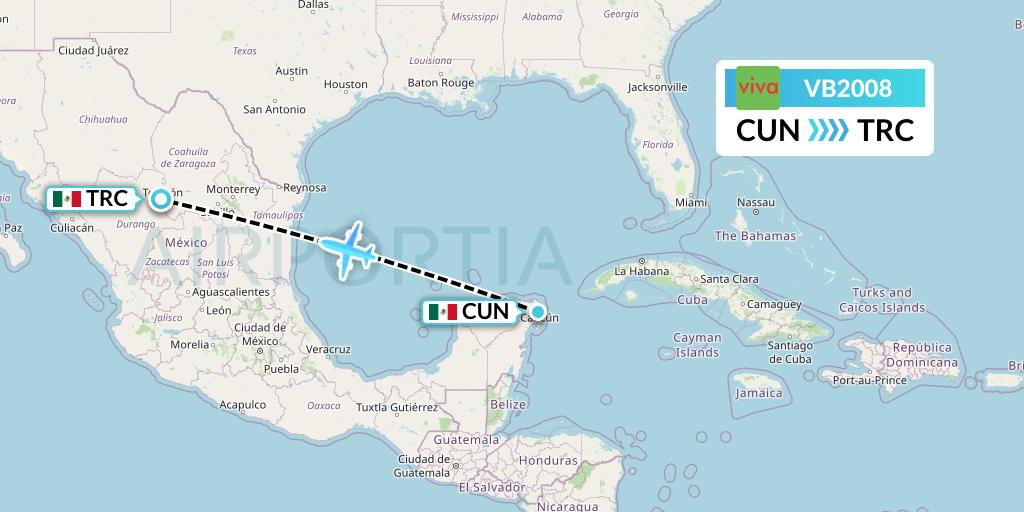 VB2008 VivaAerobus Flight Map: Cancun to Torreon