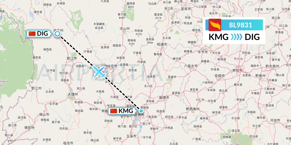 8L9831 Lucky Air Flight Map: Kunming to Shangri-La