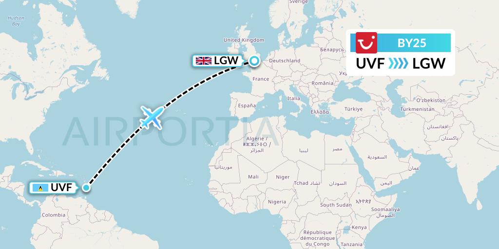 BY25 TUI Airways Flight Map: Vieux Fort to London