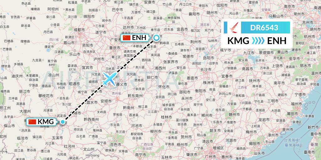 DR6543 Ruili Airlines Flight Map: Kunming to Enshi
