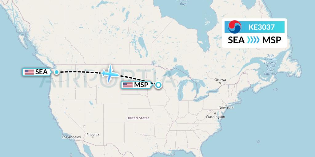 KE3037 Korean Air Flight Map: Seattle to Minneapolis