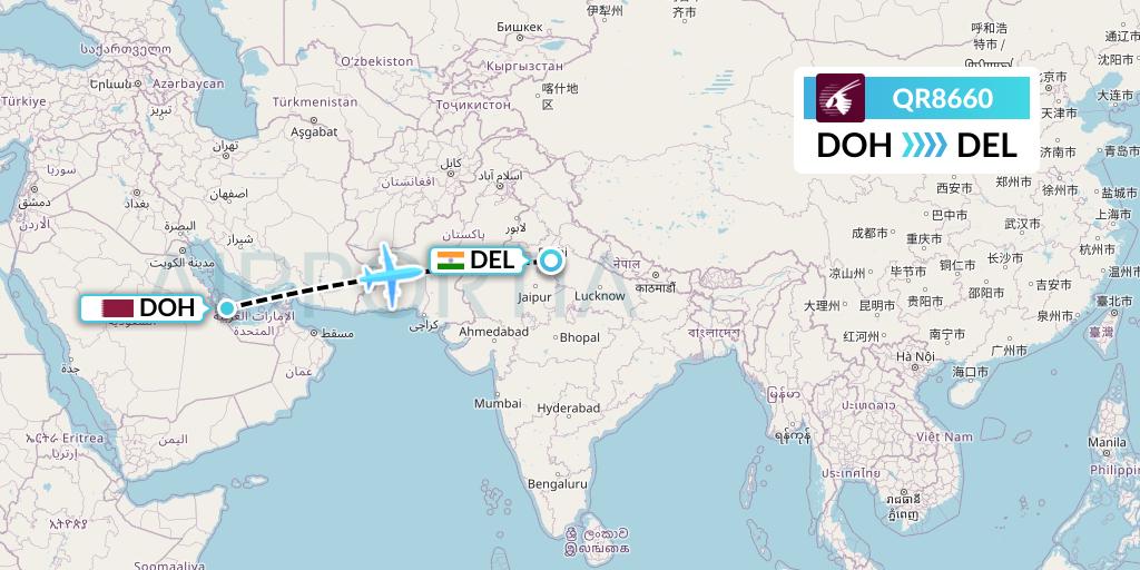 QR8660 Qatar Airways Flight Map: Doha to Delhi