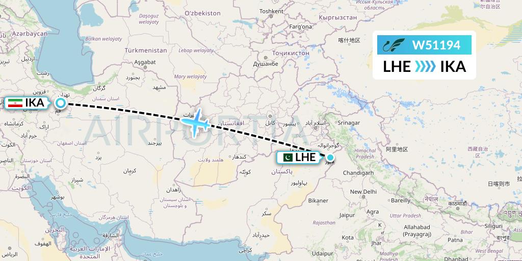 W51194 Mahan Air Flight Map: Lahore to Tehran
