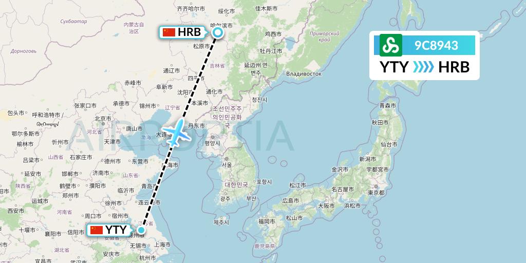 9C8943 Spring Airlines Flight Map: Yangzhou to Harbin