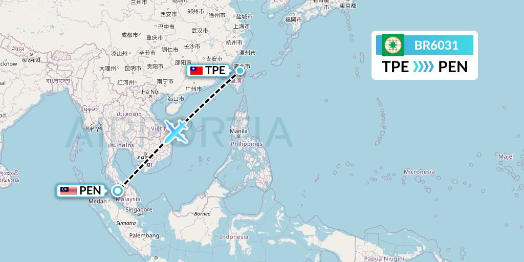 BR6031 EVA Air Flight Map: Taipei to Penang