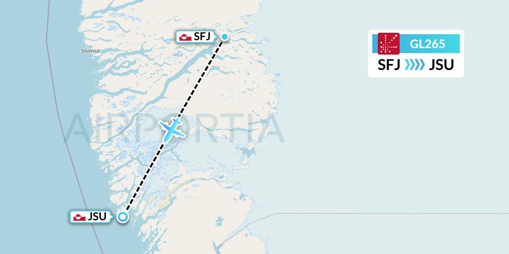 GL265 Air Greenland Flight Map: Kangerlussuaq to Maniitsoq