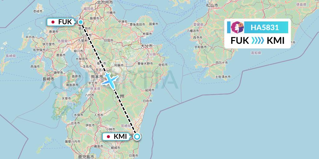 HA5831 Hawaiian Airlines Flight Map: Fukuoka to Miyazaki
