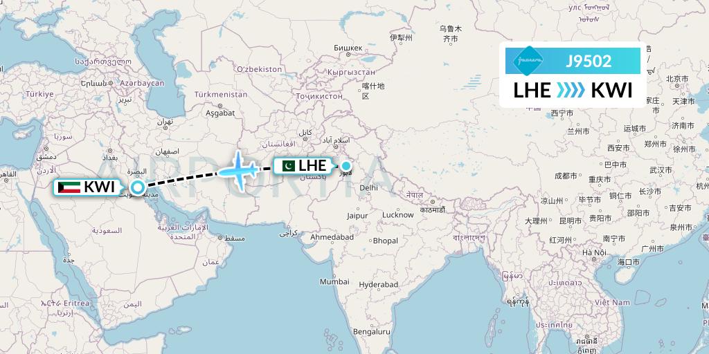 J9502 Jazeera Airways Flight Map: Lahore to Kuwait City