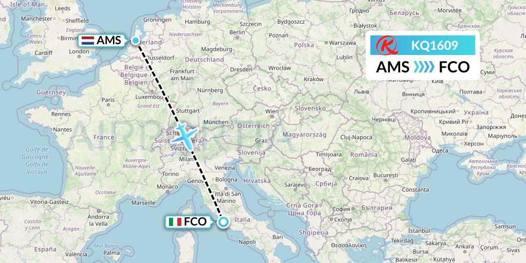 KQ1609 Kenya Airways Flight Map: Amsterdam to Rome