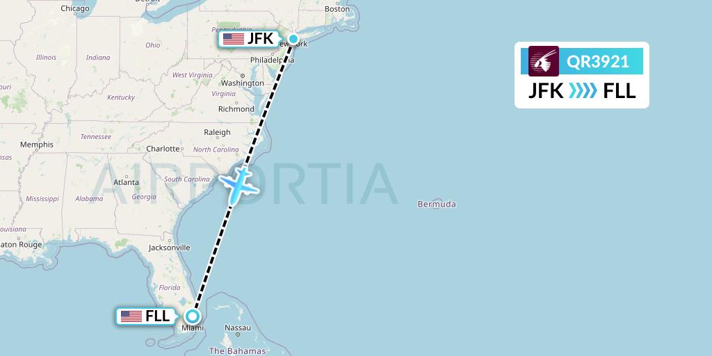 QR3921 Qatar Airways Flight Map: New York to Fort Lauderdale