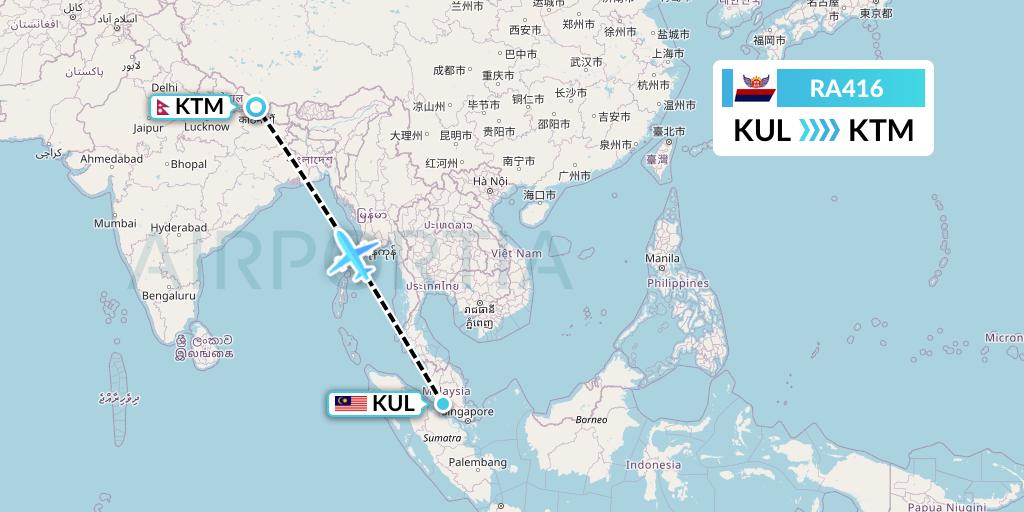 RA416 Royal Nepal Airlines Flight Map: Kuala Lumpur to Kathmandu