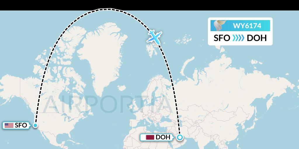 WY6174 Oman Air Flight Map: San Francisco to Doha