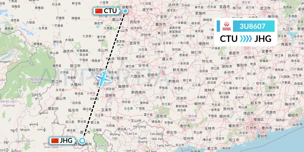 3U8607 Sichuan Airlines Flight Map: Chengdu to Jinghong