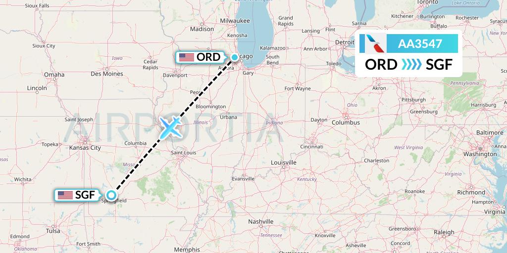 AA3547 American Airlines Flight Map: Chicago to Springfield