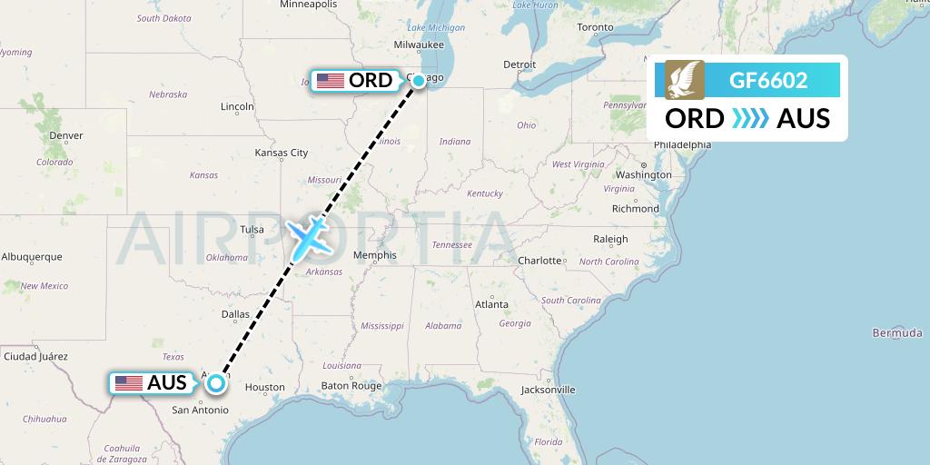 GF6602 Gulf Air Flight Map: Chicago to Austin