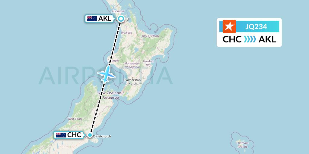 JQ234 Jetstar Airways Flight Map: Christchurch to Auckland