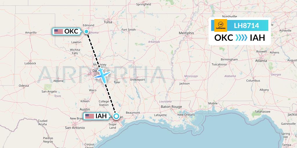 LH8714 Lufthansa Flight Map: Oklahoma City to Houston
