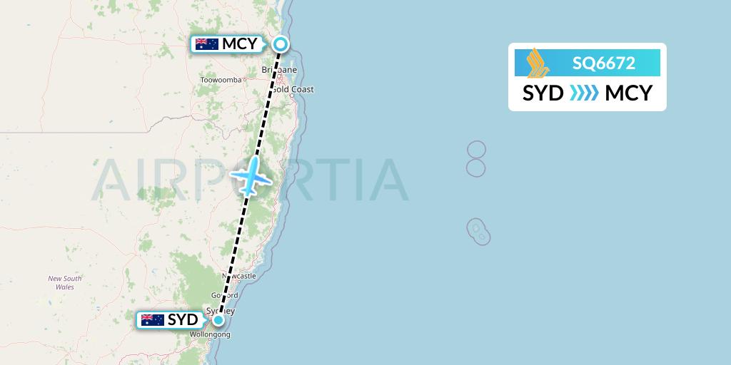 SQ6672 Singapore Airlines Flight Map: Sydney to Sunshine Coast