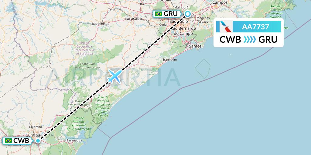 AA7737 American Airlines Flight Map: Curitiba to Sao Paulo