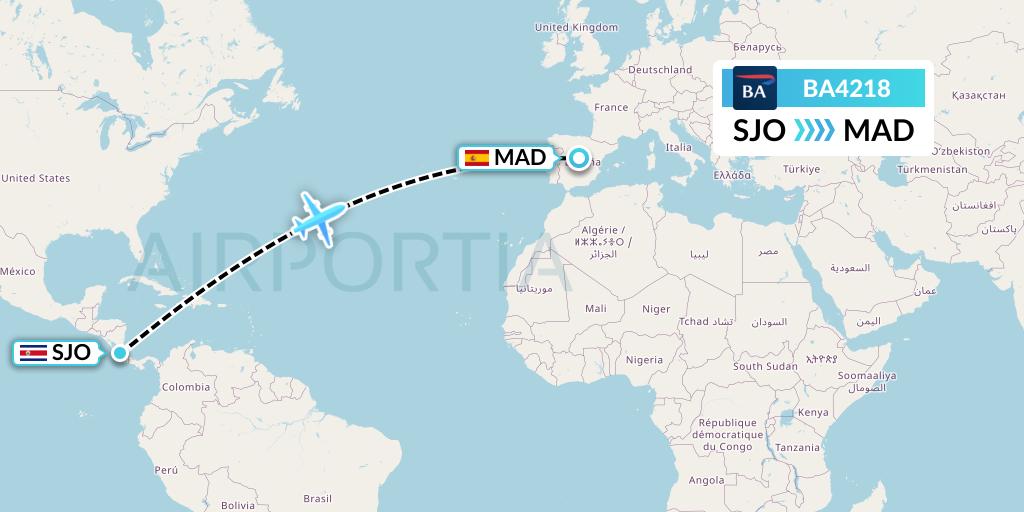 BA4218 British Airways Flight Map: San Jose to Madrid