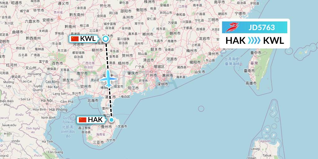 JD5763 Capital Airlines Flight Map: Haikou to Guilin