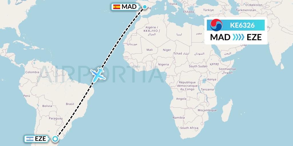 KE6326 Korean Air Flight Map: Madrid to Buenos Aires