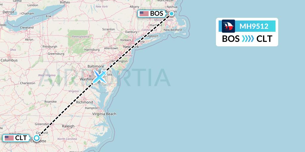 MH9512 Malaysia Airlines Flight Map: Boston to Charlotte