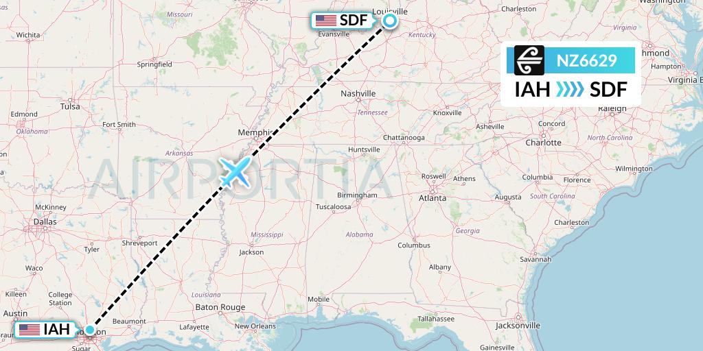 NZ6629 Air New Zealand Flight Map: Houston to Louisville