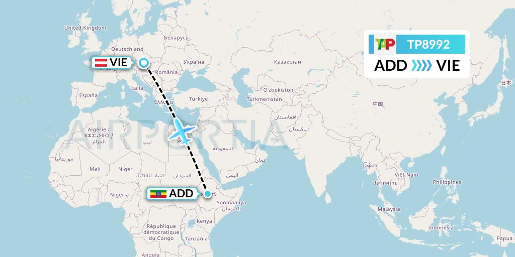 TP8992 TAP Portugal Flight Map: Addis Ababa to Vienna