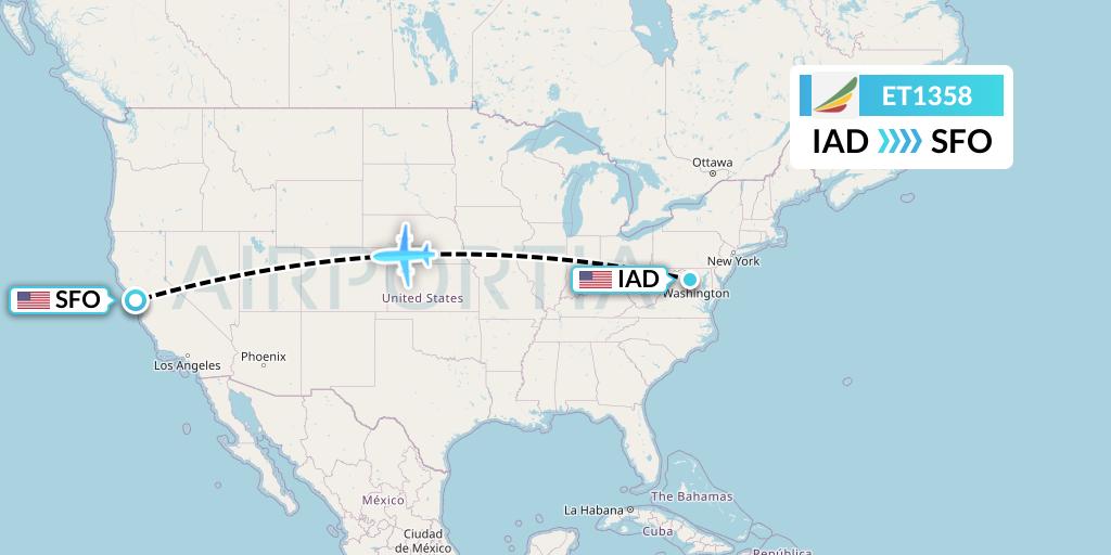 ET1358 Ethiopian Airlines Flight Map: Washington to San Francisco