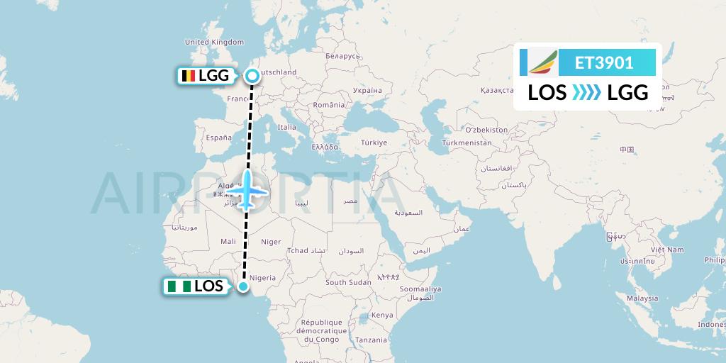 ET3901 Ethiopian Airlines Flight Map: Lagos to Liege