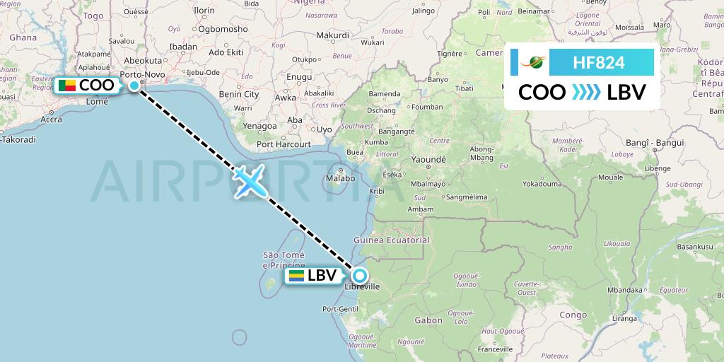 HF824 Air Cote d'Ivoire Flight Map: Cotonou to Libreville
