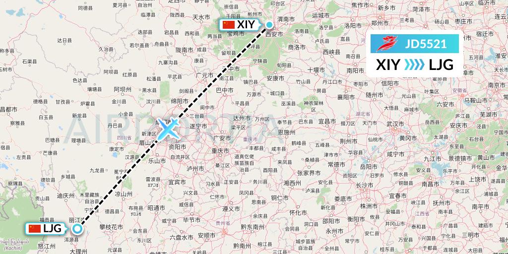 JD5521 Capital Airlines Flight Map: Xi'an to Lijiang